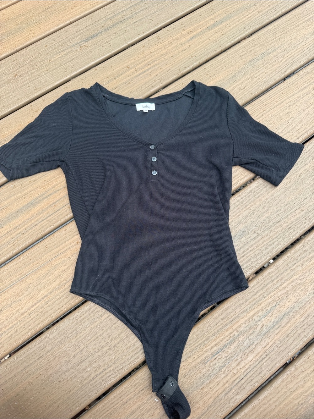 knix Black Ribbed Henley Short Sleeve Bodysuit